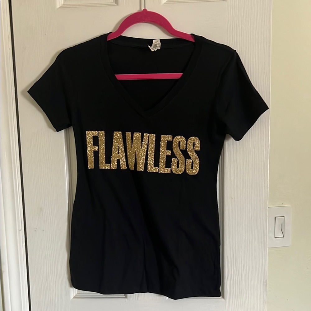 Black V-Neck T-Shirt with Gold 'Flawless' Print